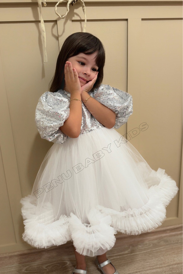 penu baby kids Gümüş Payetli Balon Kol Grenli Tül Etekli Kız Çocuk Kız Bebek Abiye Elbise