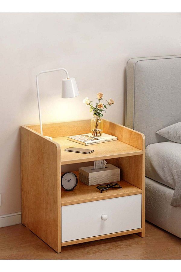 soufa dibaj-Nightstand with Drawer and Open Storage Shelf, Modern Side Table Nordic Style Small Night Stand 1