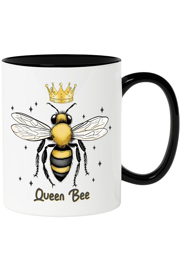 StoryGift Romania-Mug with a bee with a crown and stars around it with the message "Queen Bee", queen of, with a black handle 1