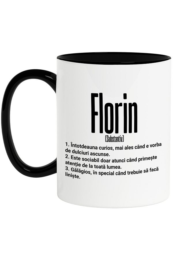 StoryGift Romania-Mug With Name Florin, With Funny Message, Curious, Sociable, Noisy, 330ml, Wax, With Black Handle 1