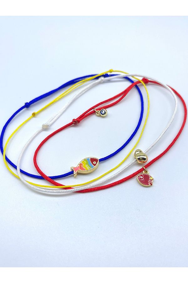 Concept HuBuTU-4 Pieces Minimal Fish Evil Eye Heart Figured Multicolored Rope Summer Anklet Set 1