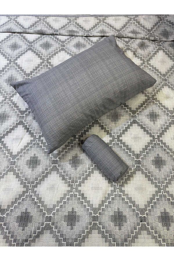 ŞENER HOME-Canvas Patterned Bed Sheet with Elastic Double Pique Set - Gray 1