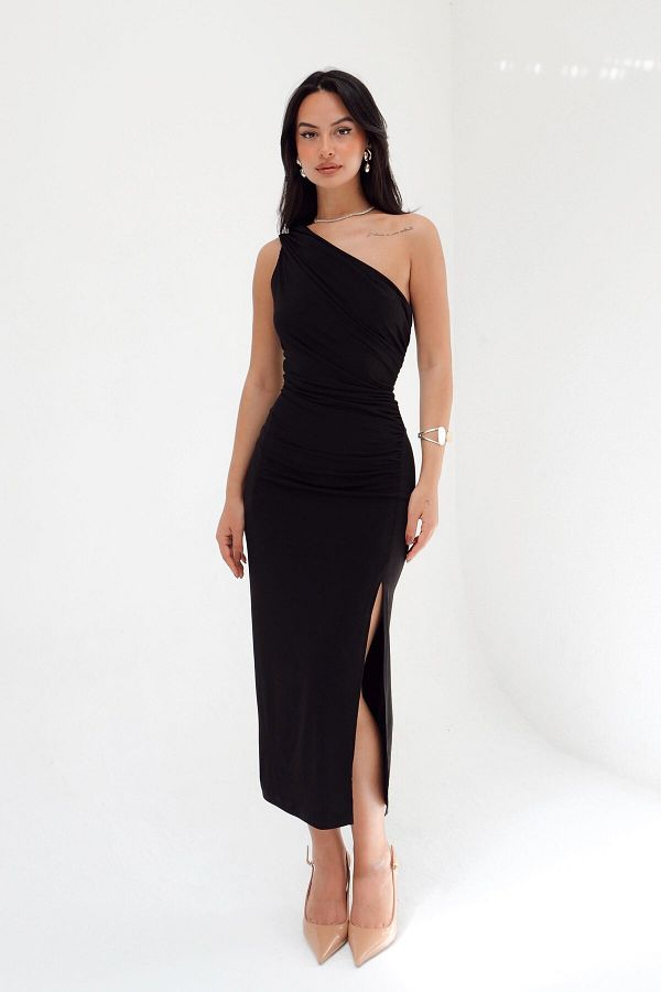 STANVİA-Rochie Midi Drapată pe un umăr Negru 1