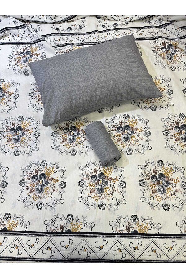 ŞENER HOME-Bouquet Patterned Bed Sheet with Elastic Double Pique Set - Gray 1