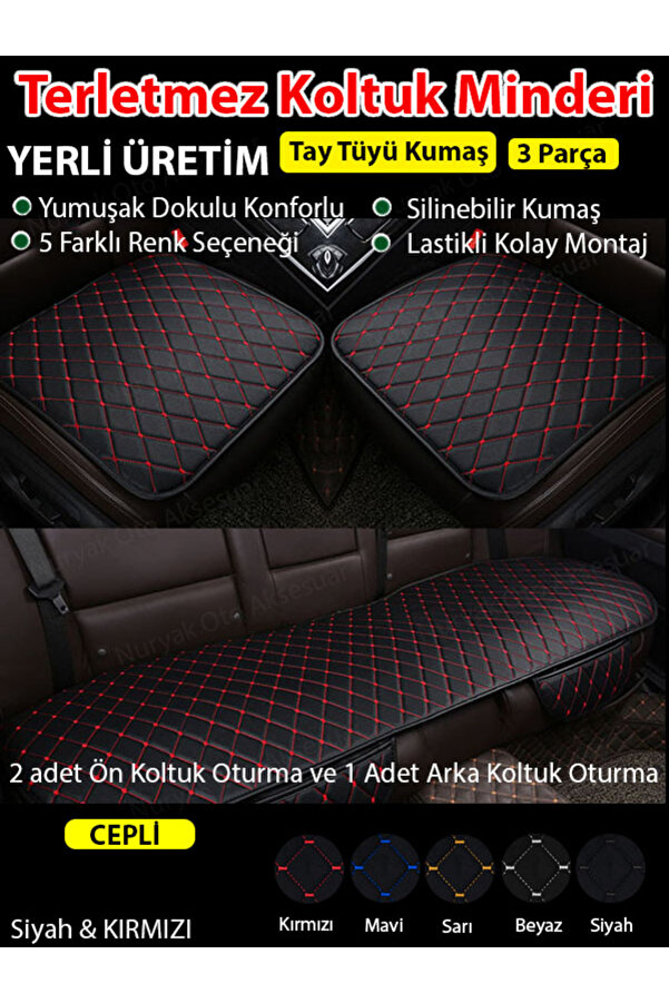 Nuryak Oto Aksesuar Terletmez Kumaş Araba Koltuk Minderi 3 Parça Ön ve Arka Oturma Minderi
