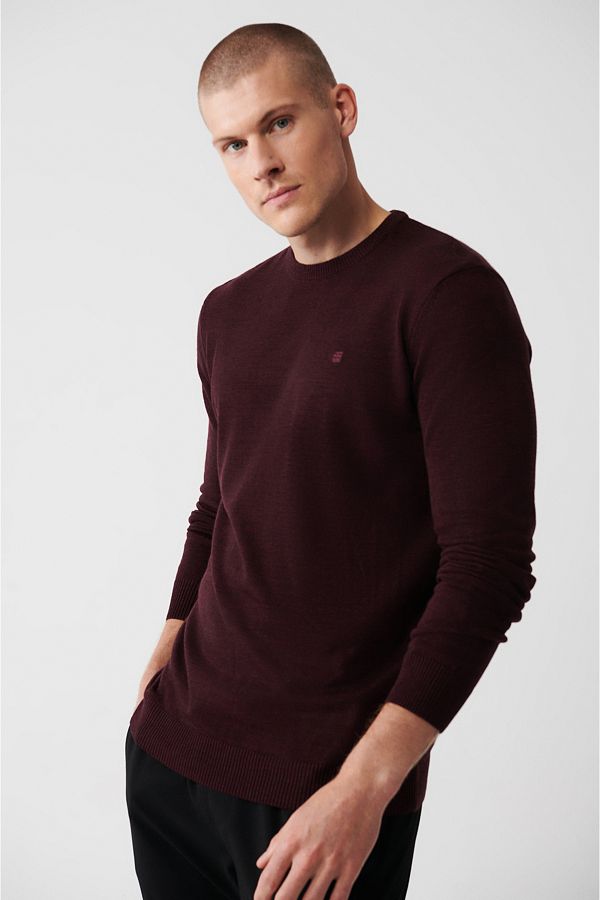 Avva-Men's Burgundy Crew Neck Non-Pilling Knitwear Sweater E 005000 1