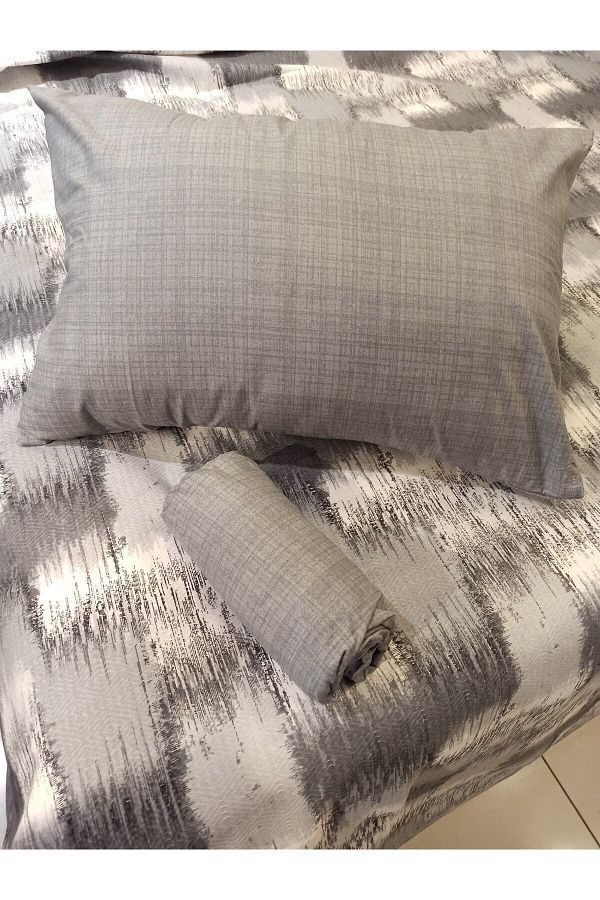 ŞENER HOME-Patchwork Patterned Sheet Elastic Double Pique Set - Gray & Brown 1