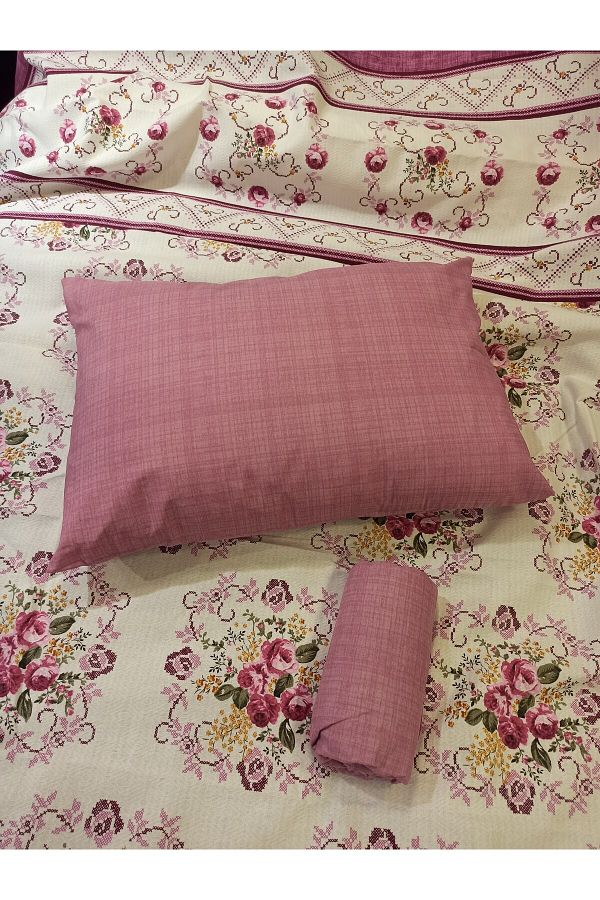 ŞENER HOME-Bouquet Patterned Bed Sheet with Elastic Double Pique Set - Lilac 1