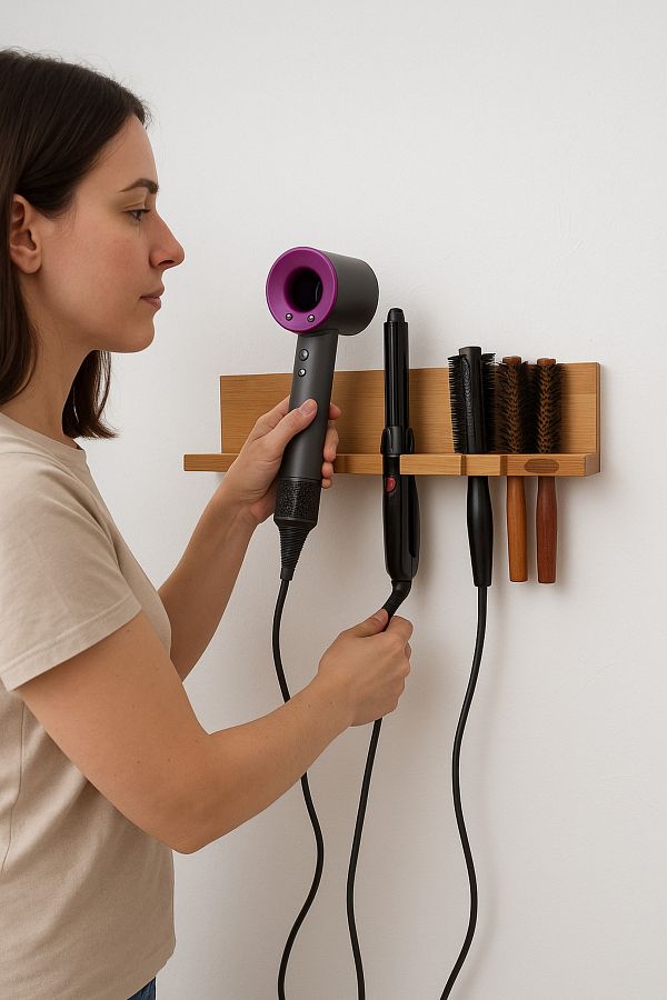 ESLENTA-Wall Mounted Wooden Hair Dryer Holder 1