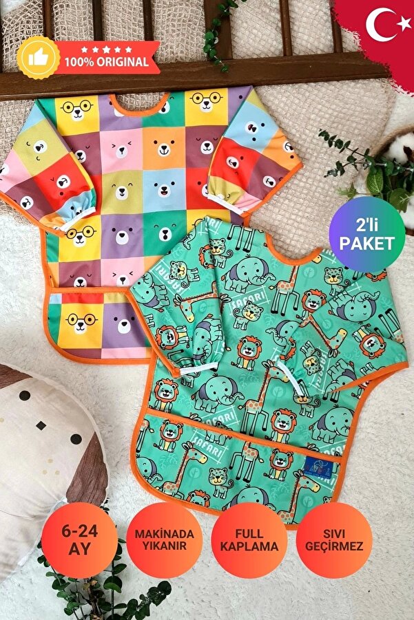 Babydonat SAFARİ ve KARE AYILAR Desenli 2'li Paket Sıvı Geçirmez Unisex Aktivite ve Mama Önlüğü 6-24 Ay
