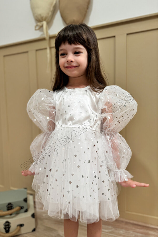 penu baby kids Beyaz Balon Kol Yıldızlı Tül Uzun Kol Kız Çocuk Elbise