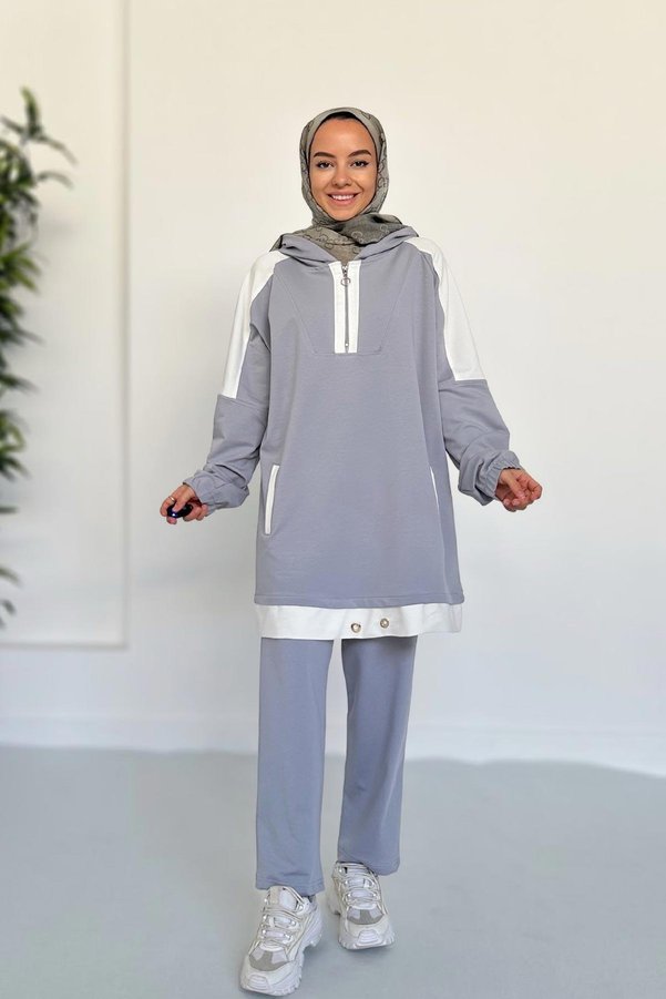 Ka Hijab Hood Detail Two Thread Hijab Set - Gray