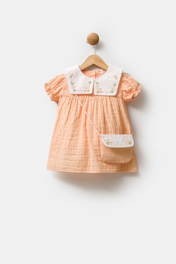 Minipodyum Kız Bebek Nakışlı Bebe Yaka Müslin %100 Pamuk Çantalı Bayramlık Elbise