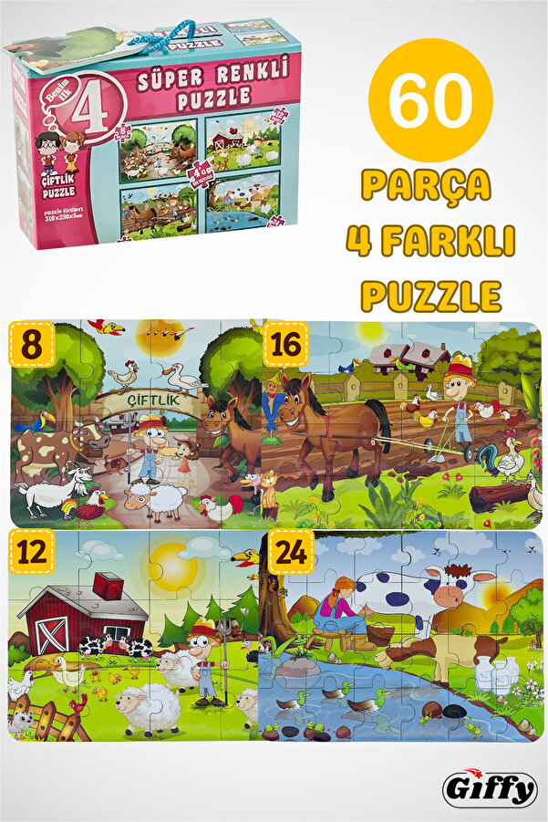 giffy Oyuncak 4'lü Süper Renkli Çiftlik Puzzle 4 Farklı Puzzle 8-12-16-24 Toplam 60 Parça Yap Boz Eğitici