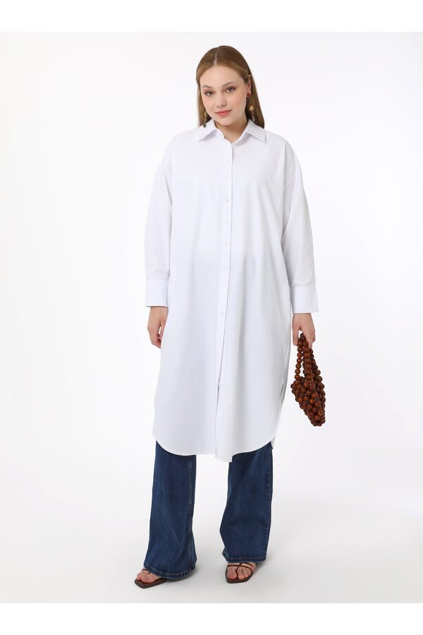 ALİA-Βαμβακερό Χιτώνα Ποπλίνα Plus Size - Λευκό - Alia Moda 1