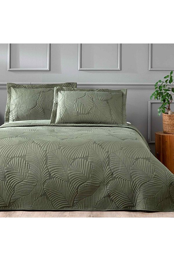 Linens-Leaf Dark Green Double Bedspread Set 1