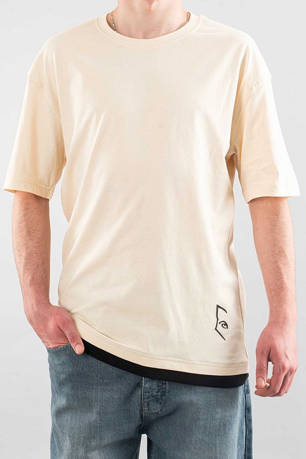 bombe-Ανδρικό μπλουζάκι με λαιμόκοψη Basic Semi Oversize Μπεζ μπλουζάκι με απλό εμπριμέ 1
