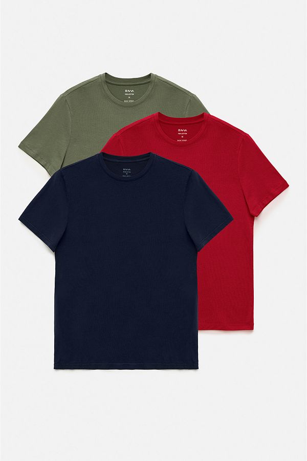 Avva-Men's Khaki-Burgundy-Navy 3-Piece 100% Cotton Crew Neck T-Shirt E 001010 1