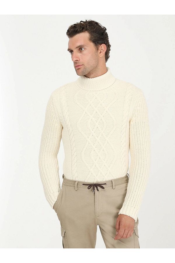 Kip-Ecru Full Turtleneck Patterned Wool Blended Sweater 1