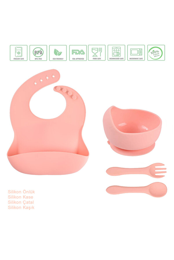 jojobebek Çocuk Silikon Mama Önlüğü, Silikon Vakumlu Kase, Silikon Kaşık Ve Çatal / Pembe