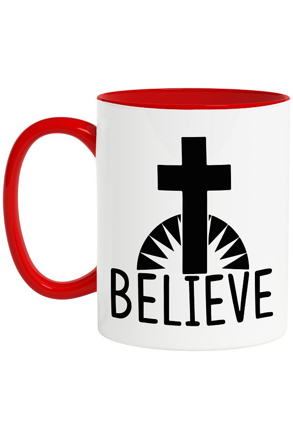 StoryGift Romania-Mug with a cross and the text in English "Believe" - ​​do you believe with Red Handle, With Red Handle S,STG 1