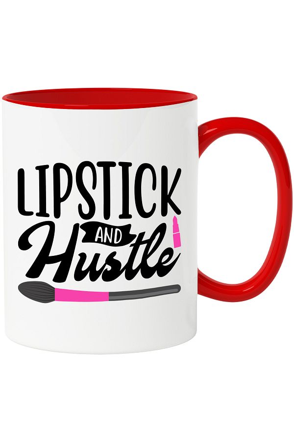StoryGift Romania-Mug with the text "Lipstick and hustle" - lipstick and work with Red Handle, With Red Handle STG, STG 1