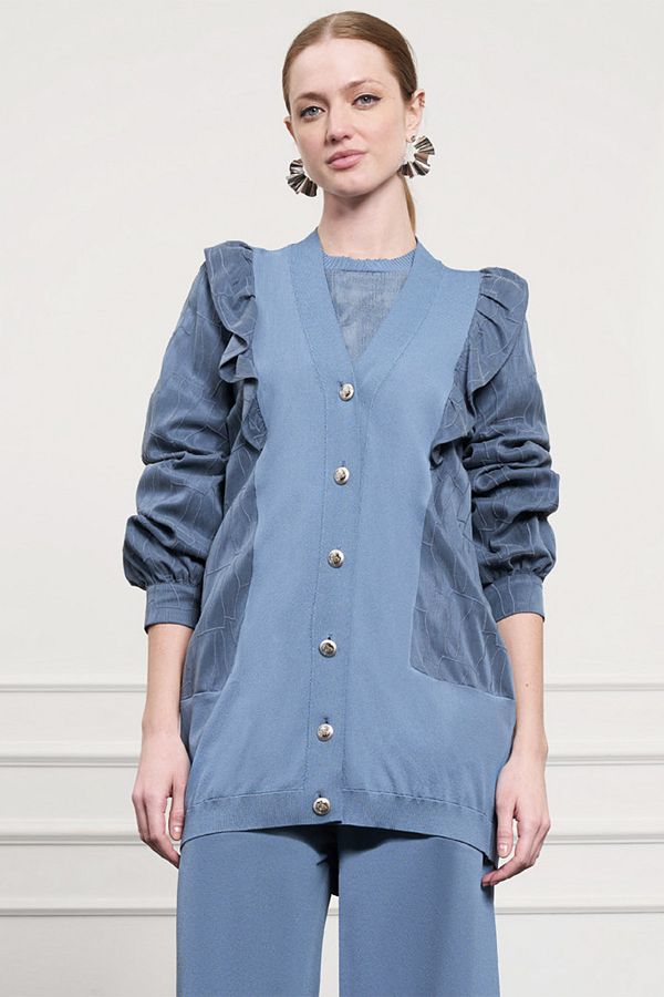 Nuss-Ruffle Detail Buttoned Cardigan 6051 Blue 1