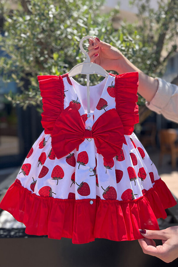 Bertuğ Bebek Fırfır ve Fiyonk Detaylı Pamuklu Kız Çocuk Bebek Çilek Elbise