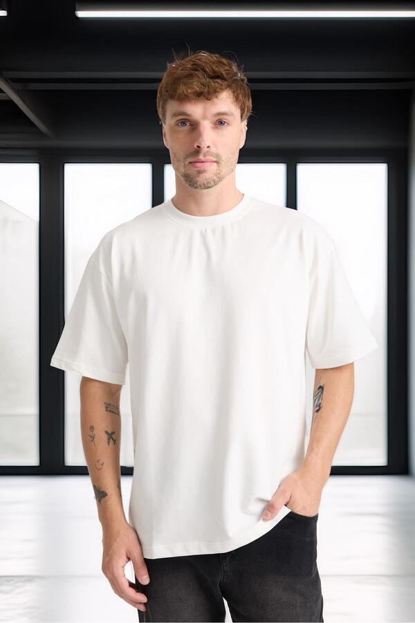 Valiberta-Two Thread Fabric Cotton Crew Neck Basic Oversize Men's T-Shirt - Ecru 1