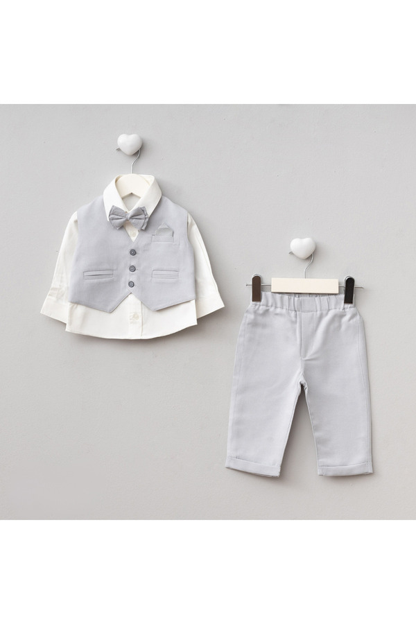 Pure Kids Store Erkek Bebek Pamuklu Papyon Yelek Gömlek Pantolon 4’lü Takım Şık Mevlütlük Bayramlık Özel Gün