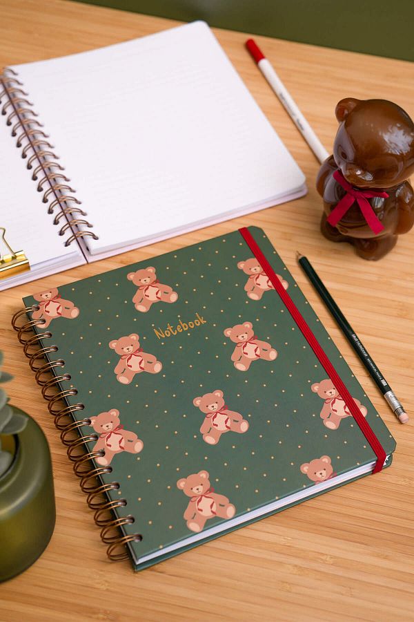 Matt Notebook-19X21 cm Square Elastic Spiral Hard Cover Notepad Lined Teddy Bears 1