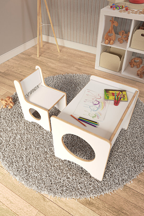 zeo wood design Montessori Çocuk Oyun & Aktivite & Çalışma Masa ve Sandalyesi - Beyaz