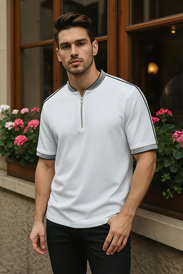 Trendyol Collection-Bílé tričko Polo Neck Piping - Regular Fit TMNSS25PO00016 1
