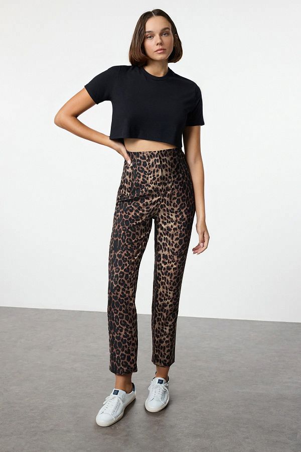Trendyol Collection-Multi-Colored Leopard Print Cigarette Pants with High Waist and Ankle Length - Twoss20Pl0515 1