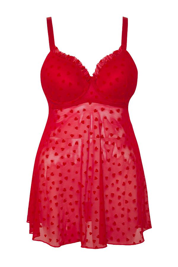 Trendyol Curve-Red Fixed Covered Adjustable Strap Flocked Heart Pattern Plus Size Babydoll Tbbss25Dh00000 1