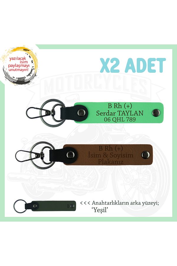 miawiki-Custom Design X2 Keychain Set, Coffee-F Green-Ysl, for Bikers, Name Plate and B Rh (+) Blood Group 1