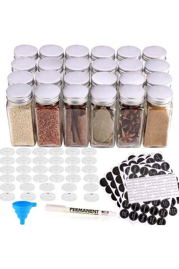 COOYA-24 Glass Spice Jars with Labels-Empty Square Spice Containers,Three Kinds of Lids & Airtight Metal 1