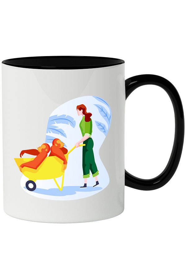 StoryGift Romania-Mug With Caretaker, Monkeys, Wheelbarrow, Multicolor 330 ml, Ceramic with Black Handle, With Black Handle 1