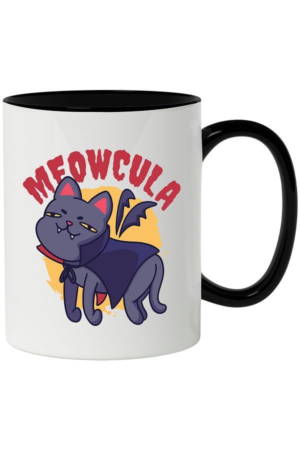 StoryGift Romania-Mug With Message Meowcula, Vampire, Cat, Fangs, Wings, Bat, Multicolor 330 ml,, With Black Handle 1