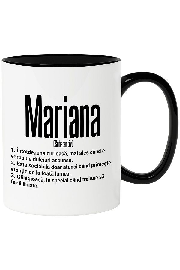 StoryGift Romania-Mug With Name Mariana, and Funny Message, Curious, Sociable, Noisy, 330ml, With Black Handle 1