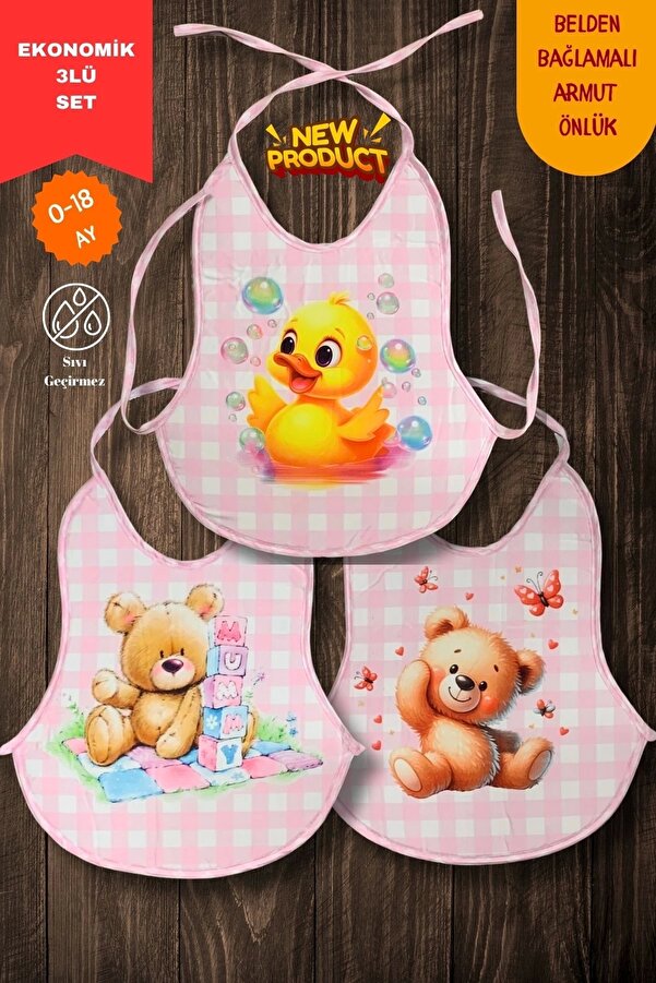 Bebechi 3'Lü Set Pembe Ekose Baskılı Ekonomik Sıvı Geçirmez Armut Önlük Mama ve Aktivite Önlüğü (0-18 Ay)
