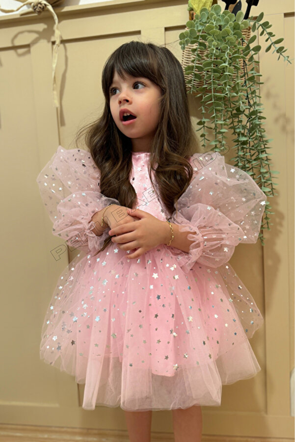 penu baby kids Pembe Balon Kol Yıldızlı Tül Uzun Kol Kız Çocuk Elbise