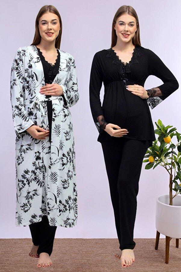 ByLohusa Effortt Siyah Sabahlıklı Hamile Lohusa Pijama Takımı