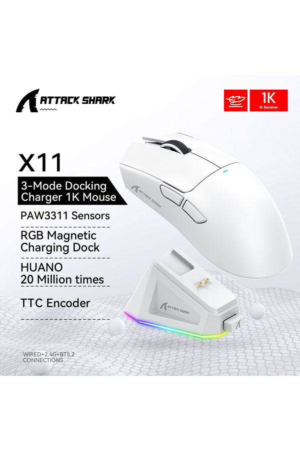 Choice-White Attack Shark X11 PAW3311 22KDPI 400IPS Wireless Mouse ,Tri-Mode Connection 2.4GHz/Wired/Bluet 1