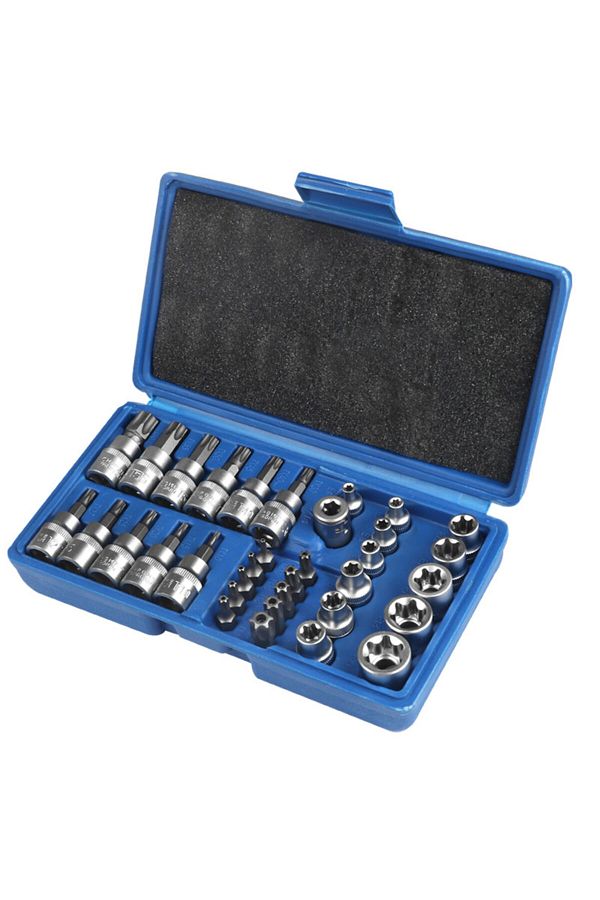 DUTRIEUX-34 Pcs 34pcs Torx Bit Socket and E-Torx Star Socket Set 1/4" 3/8" 1/2" Drive Male Female E-torx Secu 1