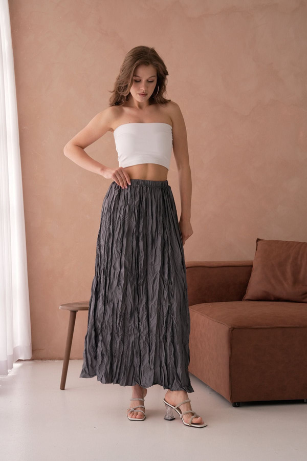 Modayıldızlar-Gray Wrinkled Pocketless High Waist Women's Midi Skirt 1