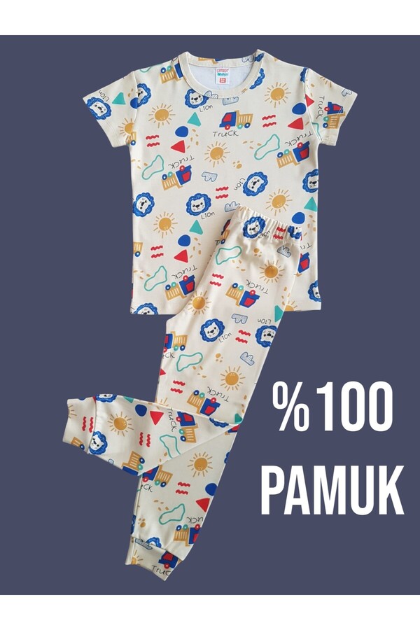 çamaşır bahçesi kendinize iyi bakın Kısa Kollu Desenli Çocuk Pijama Takım #baskılıçocukpijamatakım #kamyondesenlipijama #çamaşırbahçesi