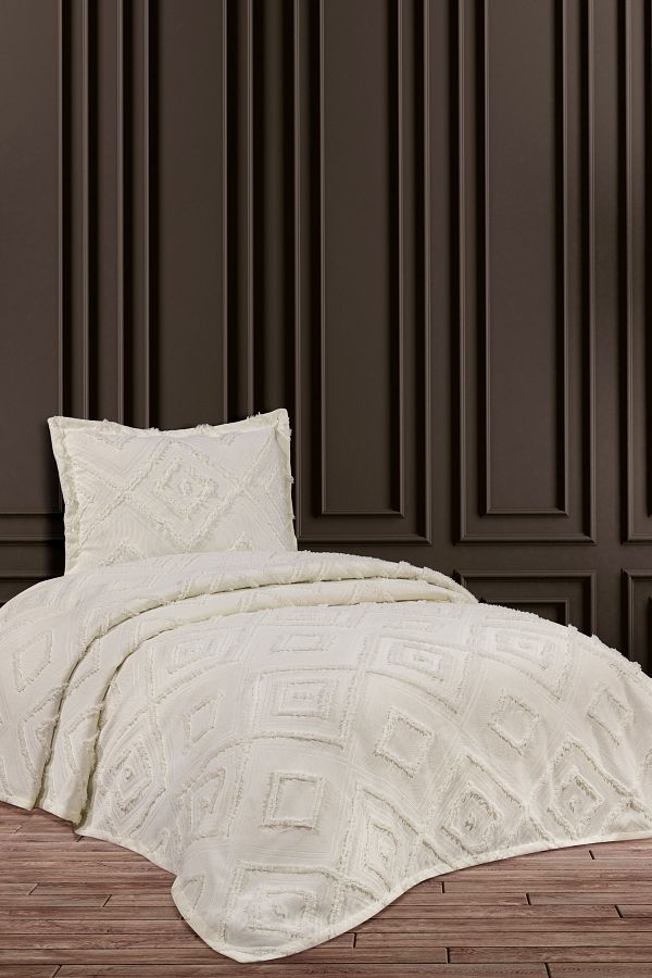 CANDAN ÇEYİZ-Delux Scandinavian Ecru Single Pique Set Bedspread with Pompom 1