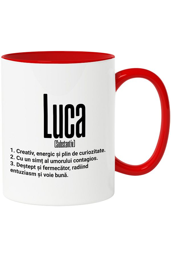 StoryGift Romania-Mug With The Name Luca, With Motivational Message, Creative, Energetic, Curious, Smart, F, With Red Handle 1
