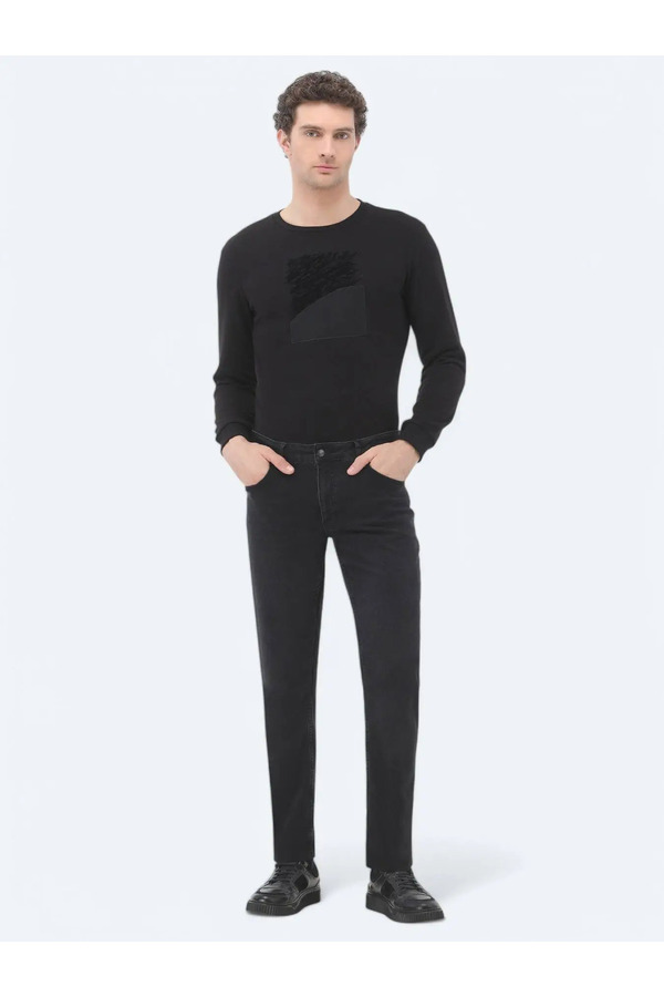 Kip-Black Slim Fit Denim - Cotton Blend Trousers 1